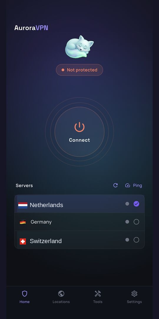 Aurora app home screen: connect button and server list